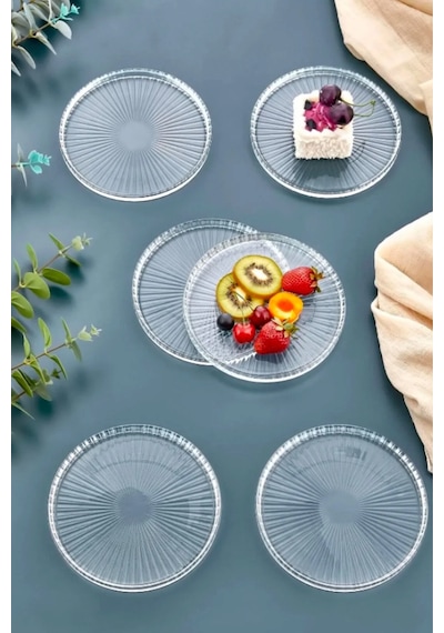 Grandora 6 Lı Lüks Şeffaf Cam Pasta Tabağı Seti Modern Cam Tatlı Tabağı Beyaz