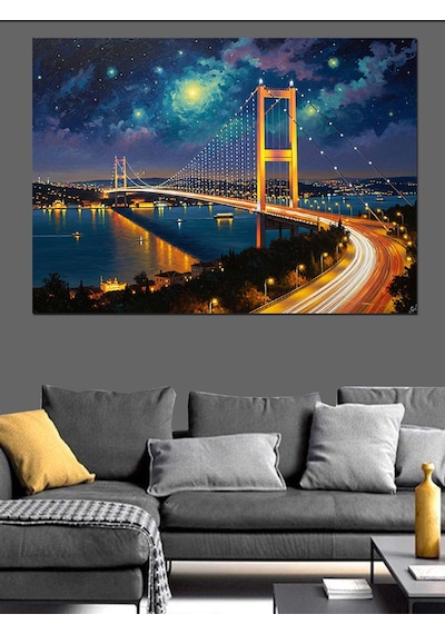 Gece Işıklarıyla İstanbul Boğaz Köprüsü Dekoratif Kanvas - Mdf Ahşap Tablo