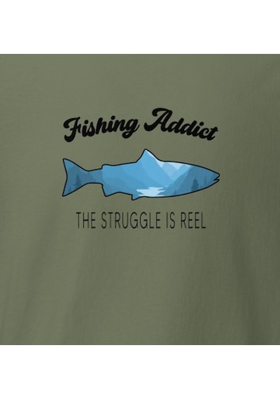 Wildstyle Fishing Addict Struggle Is Reel Balıkçılık Esprili Baskılı Unisex Bisiklet Yaka Pamuklu Tişört Haki