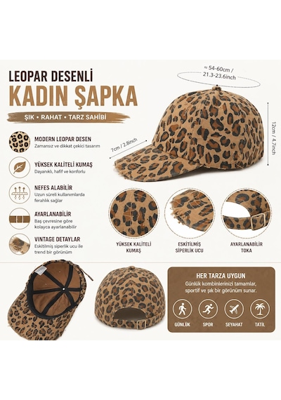 Valkyrie Vintage Leopar Desenli Eskitmeli Kadın Şapka Ayarlanabilir Beyzbol Şapkası Pamuk Baseball Cap Kahverengi