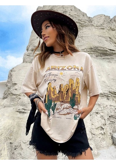 Unisex Bej Arizona Baskılı Oversize Bisiklet Yaka T-shirt 001