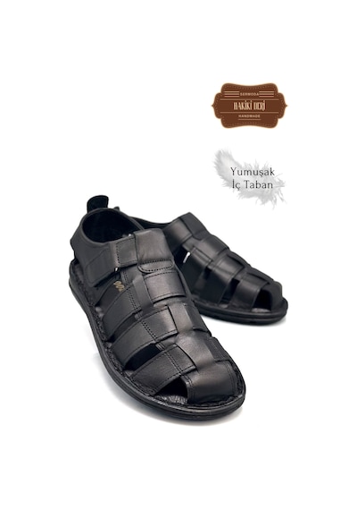 Sermoda Hakiki Deri Burnu Kapalı Erkek Sandalet Siyah