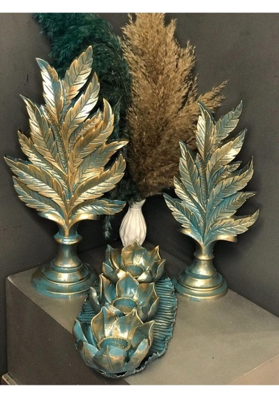 Dekoratif Polyester Ikil Dik Yaprak Ve Üçlü Mumluk Takımı Gold-turkuaz-eskitme