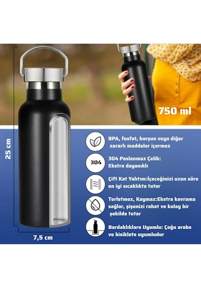 750 Ml Paslanmaz Çelik Tutacaklı Termos Matara -vakumlu Sızdırmaz Beyaz
