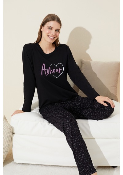Siyah İnci Pamuklu Örme Pijama Takım 24240129 Siyah