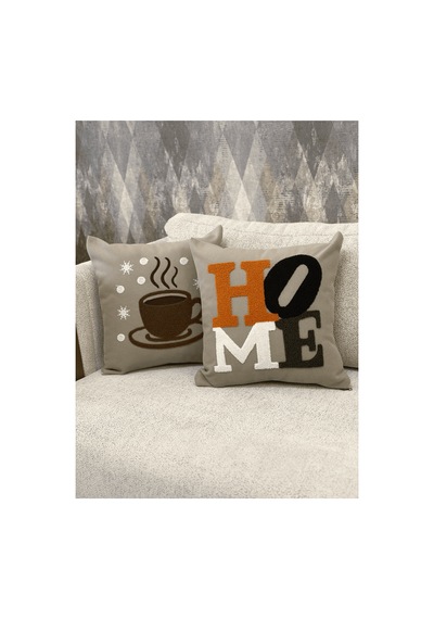 2 Li Dekoratif Kırlent Kılıfı Home Yazılı Kahve Fincanı Desenli Modern Bohem Salon Bej Bej