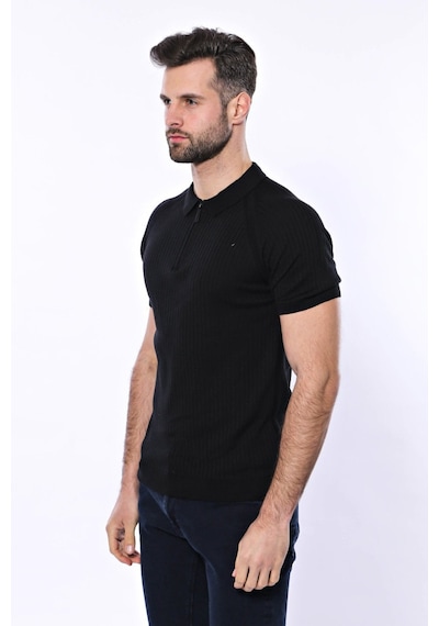 Yake Store Polo Yaka Fermuarlı Siyah Örme T-shirt Wessi - Siyah