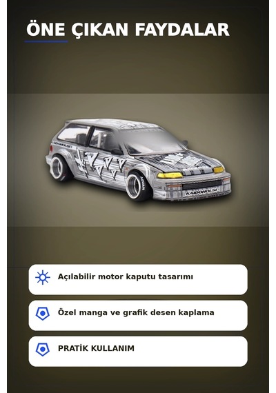 Manga Desenli 1/64 Ölçek Diecast Honda Civic Ef Model Araba - Tekli Rastgele Paket Bx-313375