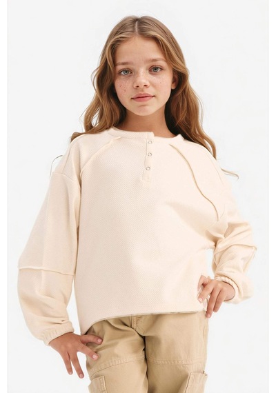 Defacto Kız Çocuk Oversize Geniş Kalıp Bisiklet Yaka Düğmeli Sweatshirt G1712a825auer140 Ekru-er140