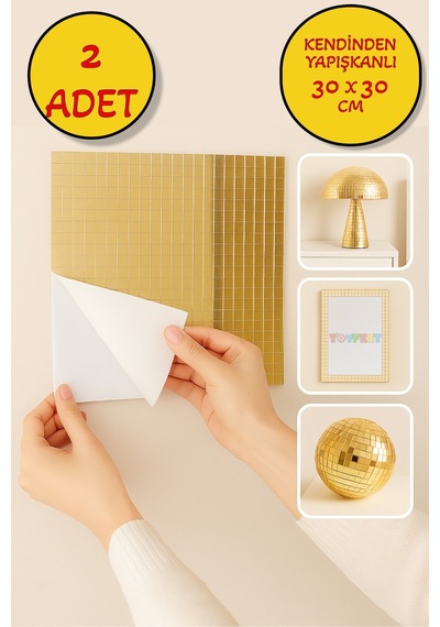 2 Li Kendinden Yapışkanlı Gold Ayna Mozaik Disco Sticker Duvar Çerçeve Eşya Dekoratif Kaplama 30x30 Altın