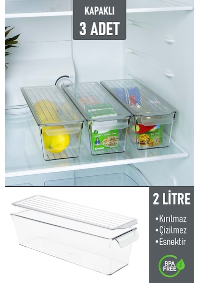İronika Kapaklı Buzdolabı Düzenleyici Meyve Sebze Saklama Kabı Organizer 2 Litre X 3 Adet Şeffaf