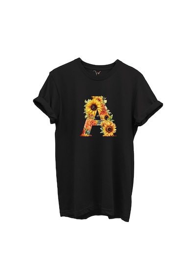 Ayçiçek Desenli A Harfi Baskılı %100 Pamuk Regular Fit Unisex T-shirt Siyah