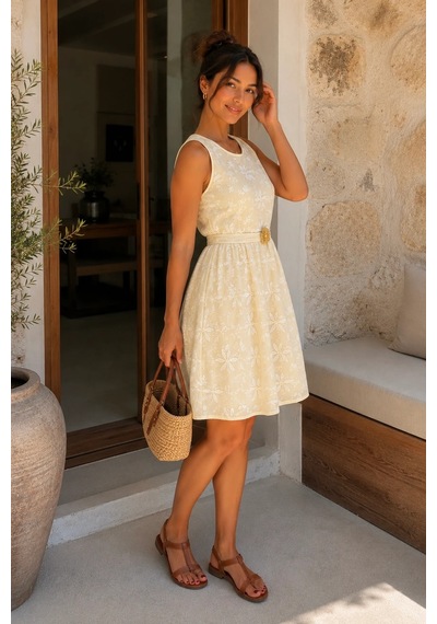 Bb Butik Basic Kadın Nakış İşlemeli Keten Elbise Bisiklet Yaka Kemer Detaylı Mini Elbise My3535 Krem Bb Butik Basic Kadın Nakış İşlemeli Keten Elbise Bisiklet Yaka Kemer Detaylı Mini Elbise My3535 Krem