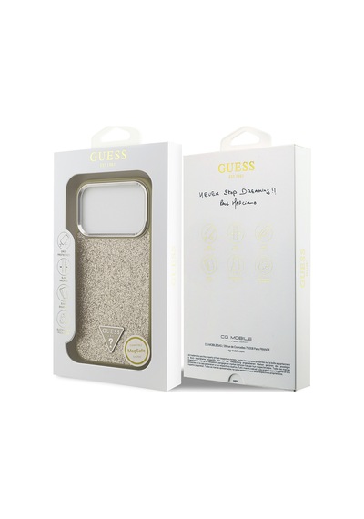 Apple Uyumlu iPhone 17 Pro Kılıf Guess Lisanslı M-safeli Metal Kamera Çerçeveli Üçgen Logolu Glitter Gold Gold