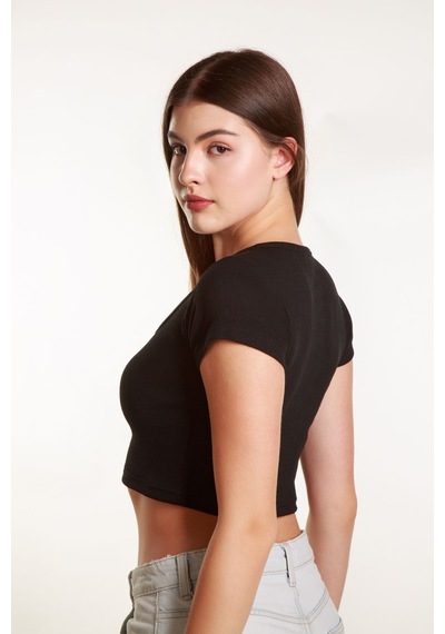 Mea Capio Kadın Fitilli Crop Kare Yaka Fitilli Kısa Kollu T-shirt Atlet Siyah