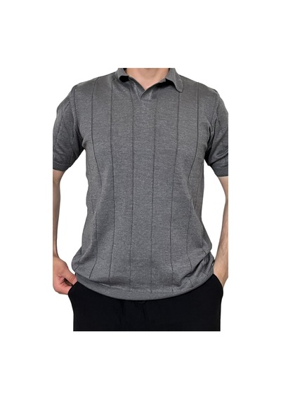 Erkek Çizgili Kısa Kollu Triko T-shirt Füme