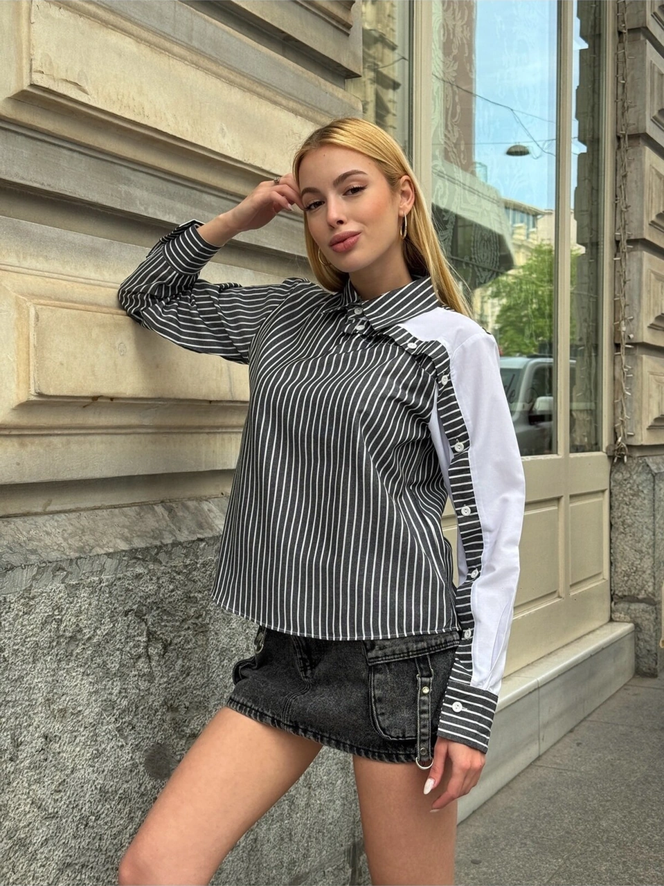 Mamayaga Kadın Özel Tasarım Yaka Kol Düğmeli Çizgili Garnili Bluz Boy Pamuk Curve Şık Gömlek Siyah