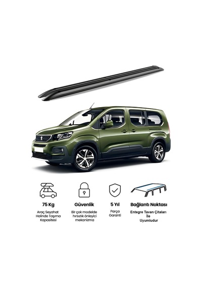 Peugeot Rifter 2019 Kısa Premium Hydra Tavan Çıtası Siyah- Port Bagaj Ve Ara Atkı Uyumlu Tavan Barı
