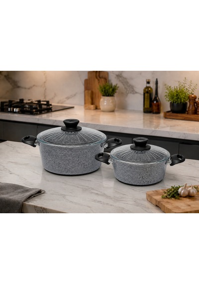 Granit Ezme Derin Tencere Seti 22cm+24cm Pilav Ve Karnıyarık Tenceresi 2li Set Gri