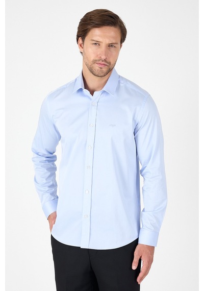 İmza Mavi Sert Yaka Düz Classic %100 Pamuk Slim Fit Gömlek 1004250324 Mavi