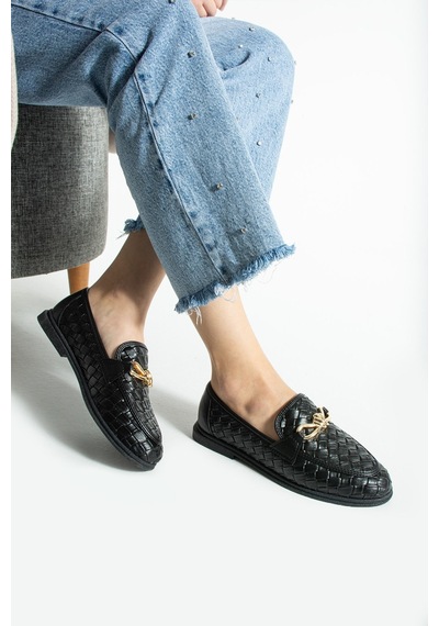 Lebibe Shoes Maby Kadın Siyah Örgü Dokulu Zincir Detaylı Loafer Düz Ayakkabı Babet