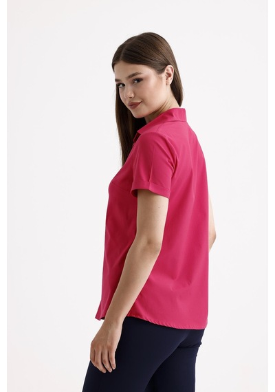 Sweetness Kadın Fuşya Pembe Likralı Kısa Kol Pamuklu Klasik Gömlek Fuşya