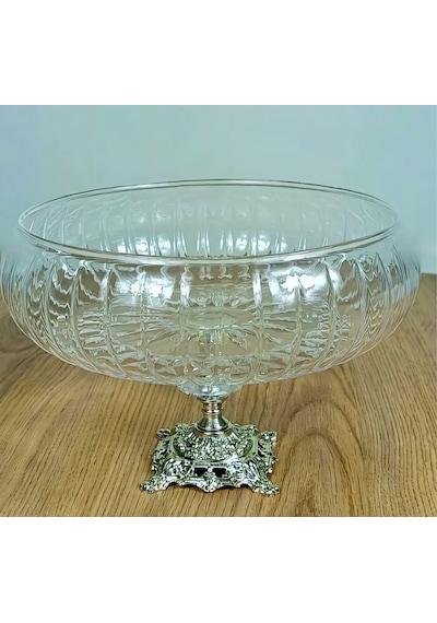 Assa Bazaar Lotus Kristal 24 Cm Kesme Dekor Metal Ayaklı Salata Kasesi Şık Cam Sunumluk Gümüş