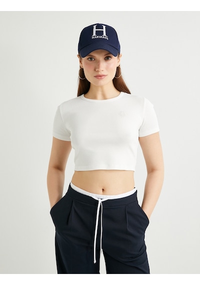 Koton Crop Tişört Kısa Kollu Bisiklet Yaka Fitilli Beyaz 4sak50234ek Beyaz