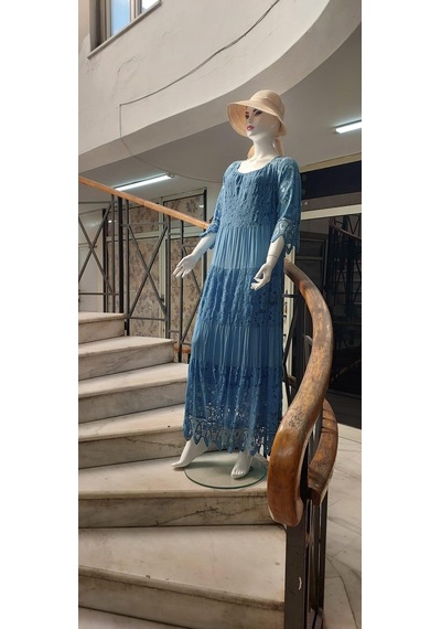 Eren Style İtalyan Sunshine İpek Detaylı Dantelli Elbise-9033 İndigo Mavisi