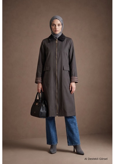 Armine Trend Fermuarlı Kontrast Yaka Cep Detaylı Uzun Kap 111 Cm Boy Duman 26kt511