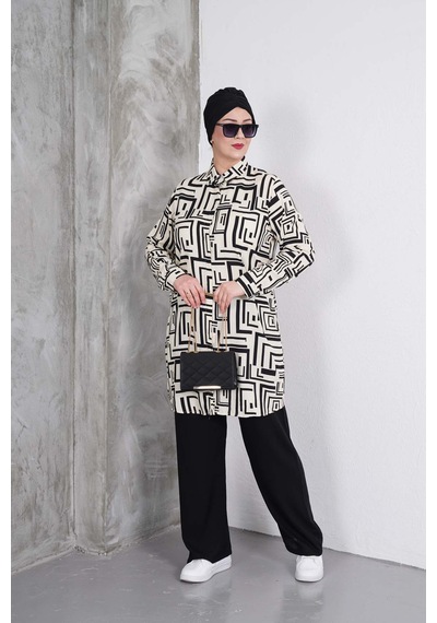 Polologin Butik Siyah Labirent Çizgili Tunik Ve Siyah Pantolon Takım Krem Siyah