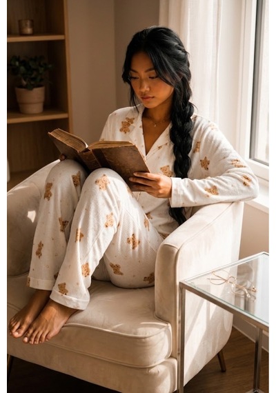 Fit Women Kadın Düğmeli Gömlek Yaka Ev Giyimi Beyaz Pijama Takımı