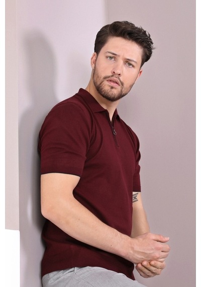 Ferraro Bordo Polo Yaka Fermuarlı Erkek Pamuk Triko T-Shirt-Bordo (417942847) Bordo