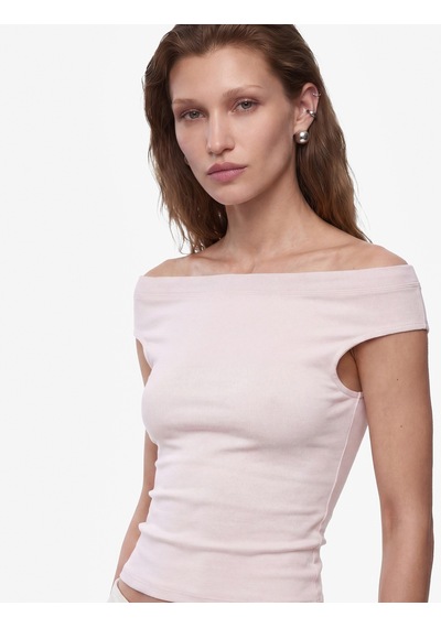 Koton Pamuklu Ribanalı Slim Fit Omzu Açık Madonna Yaka Tişört Pembe 6sak50503ek Gül