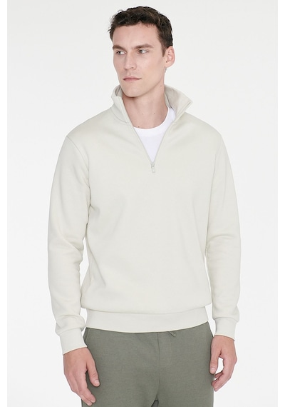 AC&Co / Altınyıldız Classics Standart Fit Normal Kesim İçi Polarlı Bato Yaka Pamuklu Erkek Sweatshirt Bej