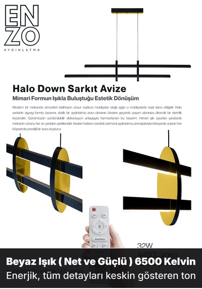 Halo Gold Lineer Led Sarkıt Avize Kumandalı Dim Edilebilir - Aşağı Işık Sarı Işık