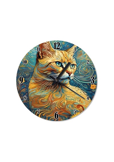 Yağlı Boya Şekilli Sarı Kedi Baskılı Duvar Saati Çok Renkli