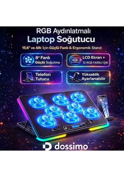 Nitro Rgb Işıklı 8 Fanlı Lcd Göstergeli 2 Usb Girişli Yükselebilen Notebook Soğutucu S23