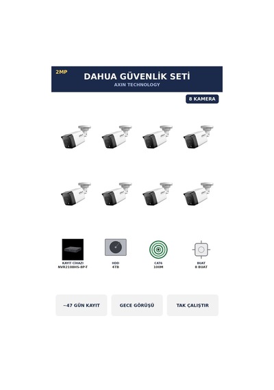 Dahua 8 Kameralı 2mp Güvenlik Kamera Seti Ip Poe Tak Çalıştır Bullet Dış Mekan 4tb 47 Gün Kayıt Dahua 8 Kameralı 2mp Güvenlik Kamera Seti Ip Poe Tak Çalıştır Bullet Dış Mekan 4tb 47 Gün Kayıt