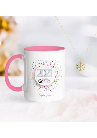 Kişiye Özel 2021 Sana Mutluluk Getirsin Pembe Kupa Ve Kar Tanesi