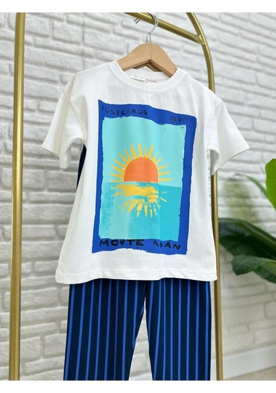 Lolliboomkids Unisex Çocuk Sunrise Postcard Summer Baskılı Krem Tişört Ve Mavi Çizgili Pantolon Takım Ekru Mavi Ekru - Mavi Lolliboomkids Unisex Çocuk Sunrise Postcard Summer Baskılı Krem Tişört Ve Mavi Çizgili Pantolon Takım Ekru Mavi Ekru - Mavi