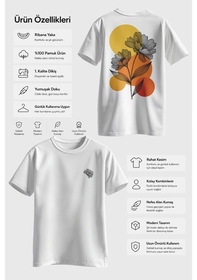 Spoyi Sunset Bloom Tasarımlı %100 Pamuk Yarım Oversize Beyaz T-shirt