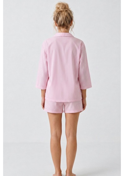 Siyah İnci Düğmeli İnce Soft Örme Şortlu Pijama Takımı 8054 Pembe