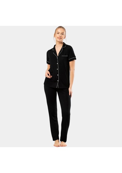 Türen Düz Kısa Kollu Gömlek Yaka Pijama Takım 3368/siyah Siyah