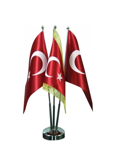 Masa Üstü Üçlü Türk Bayrağı Biri Simli + Üçlü Krom Direk Masa Ba