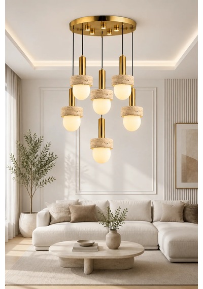 Eskitme Premium Gold Traverten Taşlı 6'lı Sarkıt Avize 3 Renk Led Salon Yemek Odası Avizesi 30w Beyaz