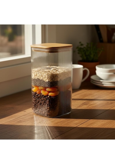 10x20 Cm Bambu Kapaklı Kare Cam Saklama Kavanozu - Vakumlu Ekstra Uzun Boy Şeffaf Erzak Kabı Sp Tek Renk
