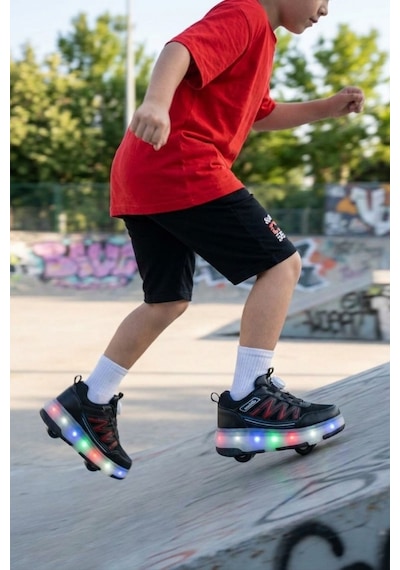 Muggo Sky Çocuk Işıklı Patenli Tekerlekli Sneaker Spor Ayakkabı Siyah - Kırmızı