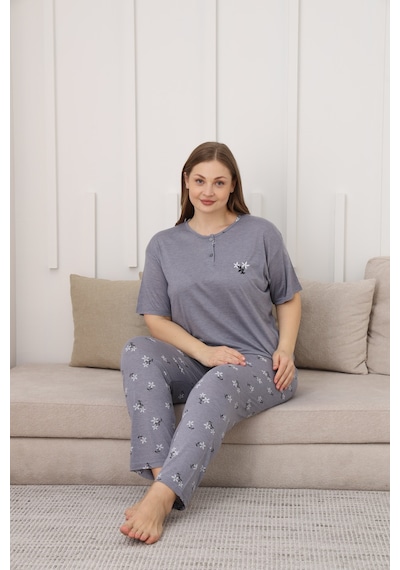 Tampap Viskon Kumaş Kadın Büyük Beden Kısa Kollu Pijama Takımı Mavi
