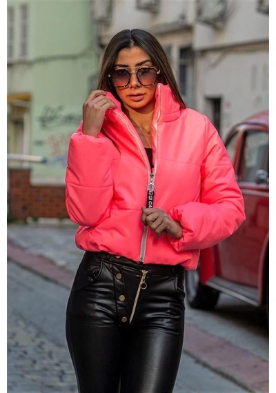 Pembe Dik Yaka Kısa Deri Şişme Mont